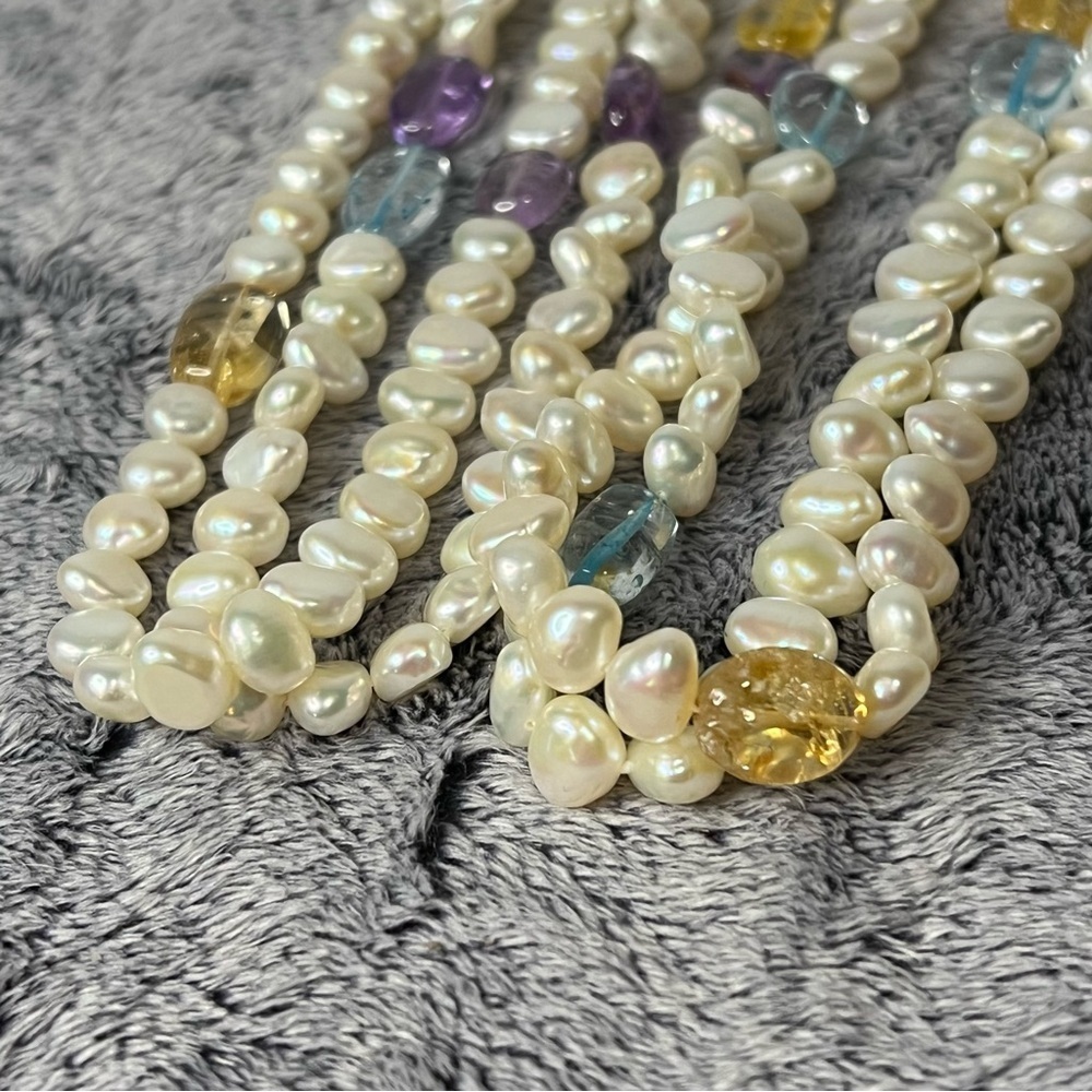 Double Strand Freshwater Pearl Gemstone Beads Necklace 22in - Picture 6 of 7